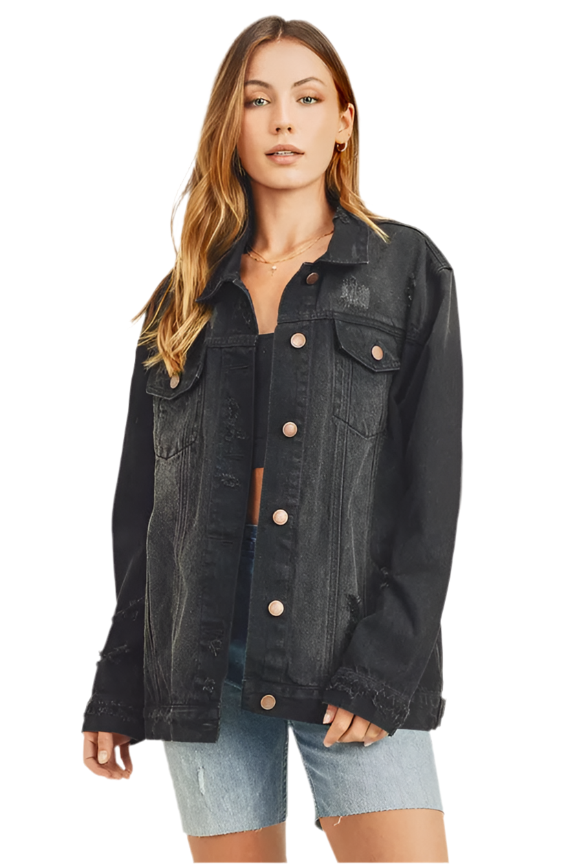 RISEN Full Size Distressed Long Sleeve Denim Jacket