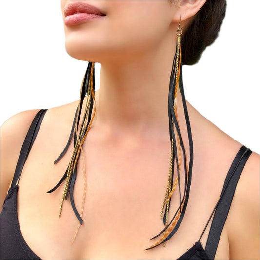 Leather & Feather Earrings - Black & Ginger