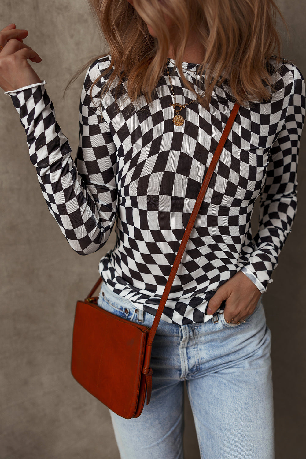 Checkered Mesh Mock Neck Top