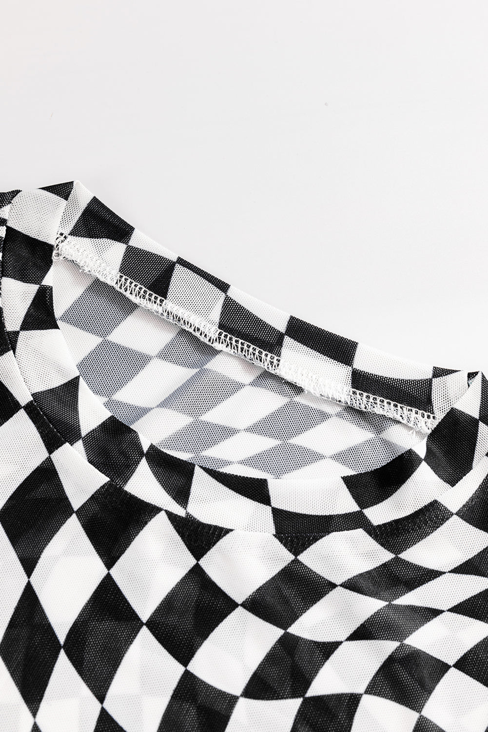 Checkered Mesh Mock Neck Top