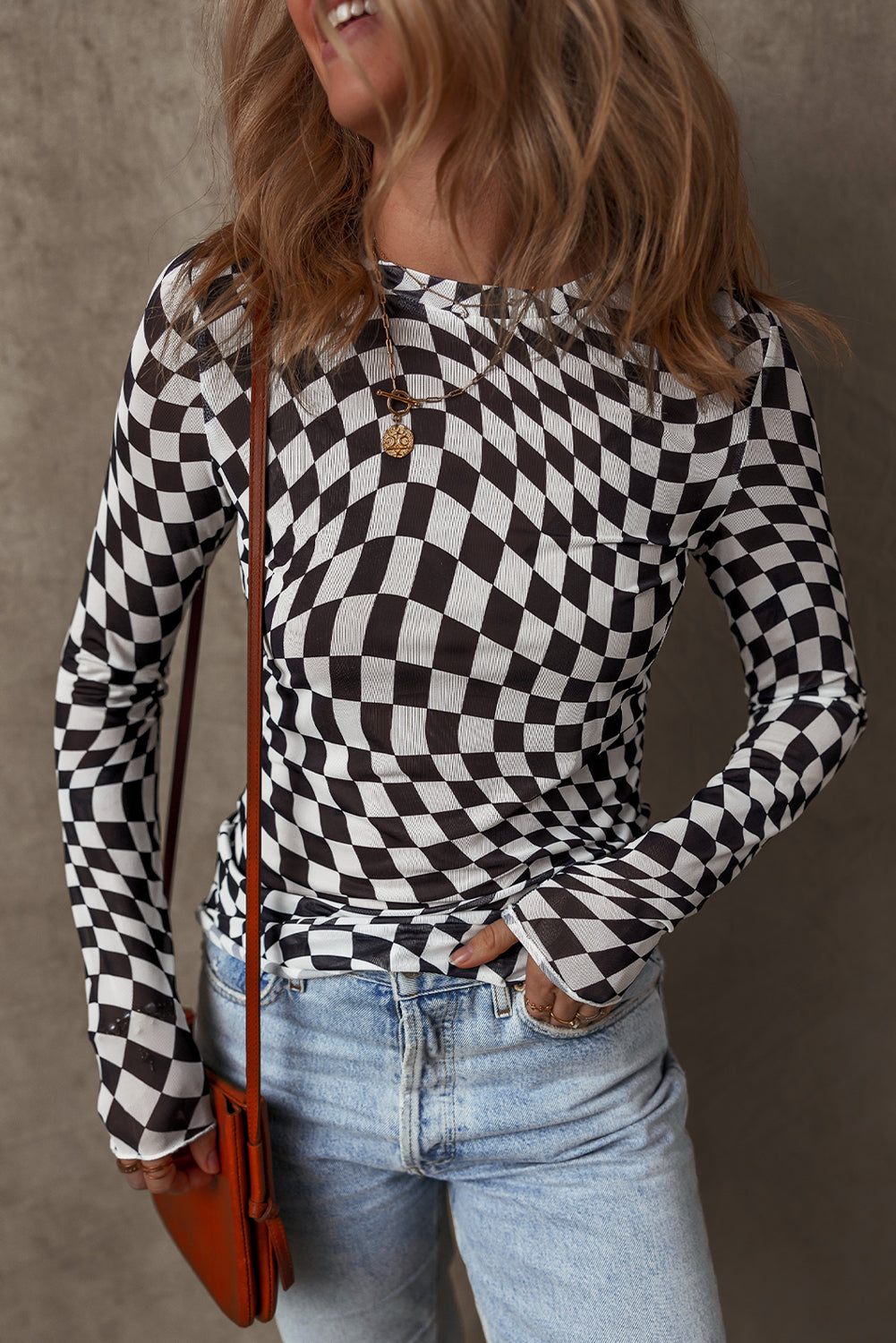 Checkered Mesh Mock Neck Top